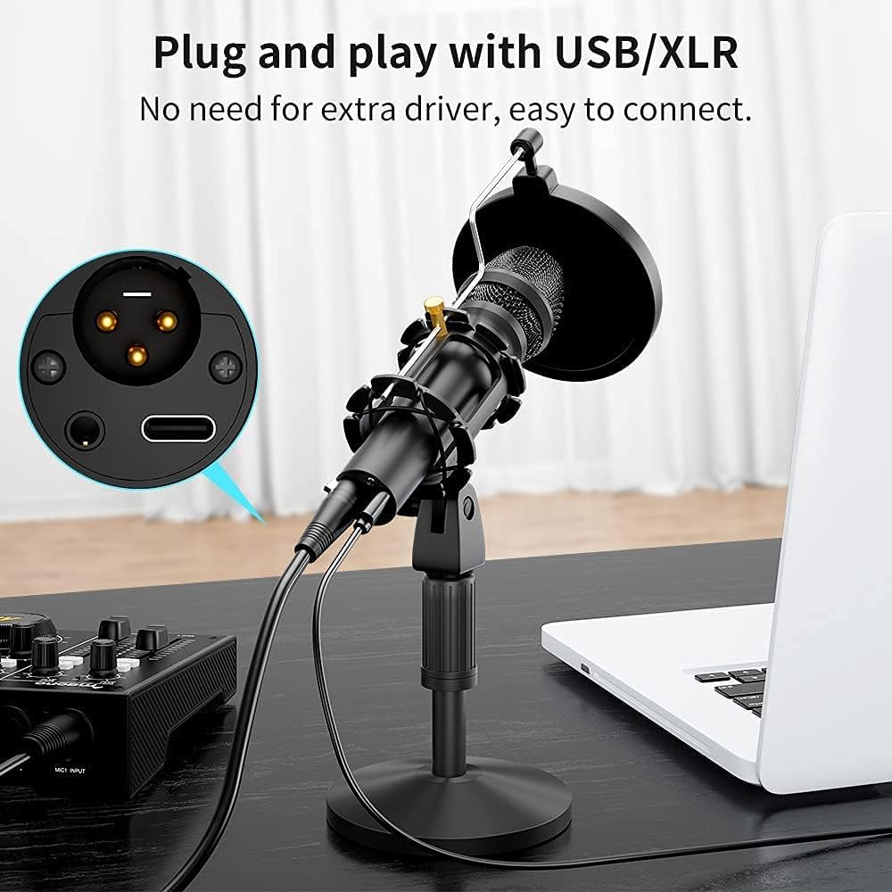 USB/XLR Instrument Dynamic Microphone, MAONO Metal Professional Zero-Latency Monitoring Vocal Mic with Volume Control, Shock Mount and Pop Filter