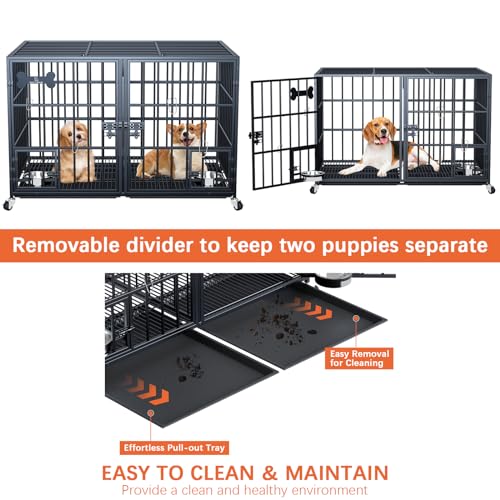 aboxoo 42/48 inch Heavy Duty Metal Dog Crate for 2 Dogs/Large Dog,All Metal Open Top,Dog Kennel Indoor with Wheels,Floor Grid, Tray