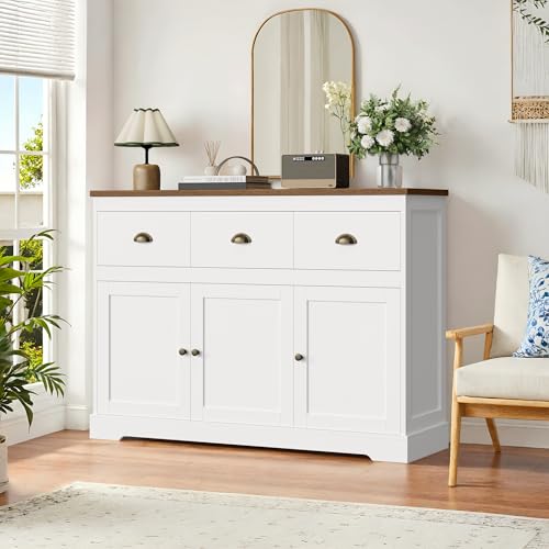 Keyluv White Buffet Cabinet Storage Sideboard Farmhouse Server Bar Wine Cabinet with 3 Drawers & 3 Doors Adjustable Shelves Console Table for Dining