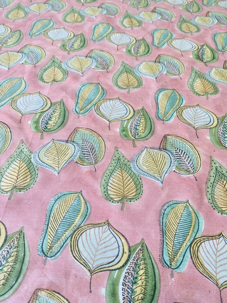 Salmon Pink Indian Hand Block Leaves Printed Cotton Tablecloth, Table Cover, Housewarming Home Wedding Events Party Picnic Restaurant Gifts