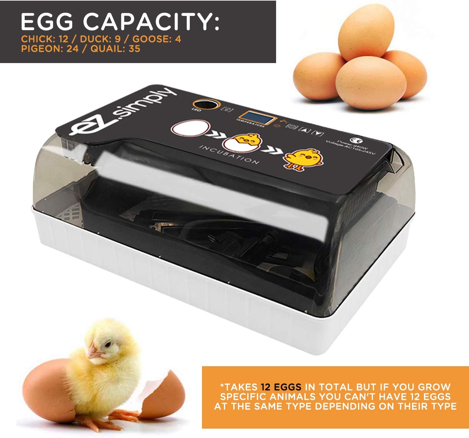 EZ.SIMPLY Egg Incubator - All-in-One Egg Incubators for Hatching Eggs with Automatic Egg Turning, Heat and Humidity Control - Chicken Egg Incubator