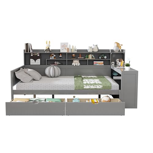 Corner Twin Bed Frame with Bookcase Storage and Desk, Wood Day Beds with 2 Drawers, Twin Size Daybed with Storage for Living Room