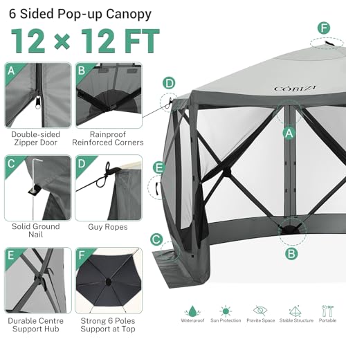 COBIZI 12x12ft Pop up Gazebo Screen Tent Screen House for Camping, Camping Outdoor Screened Gazebo, Canopy Tent