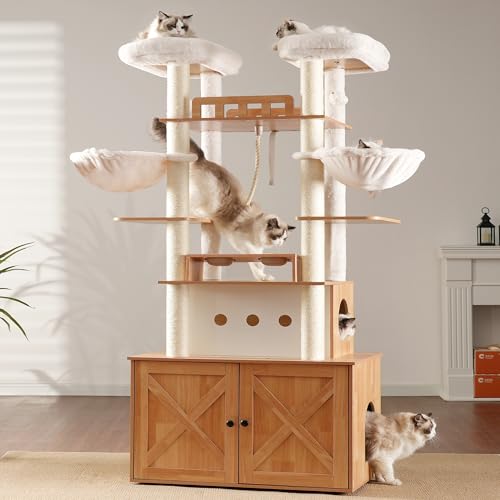 Heybly Cat Tree for Maine Coon with Litter Box Enclosure, 72-inch Wooden Cat Tower for Indoor Cats Large Adult, Big Condo with Food Station, Baskets