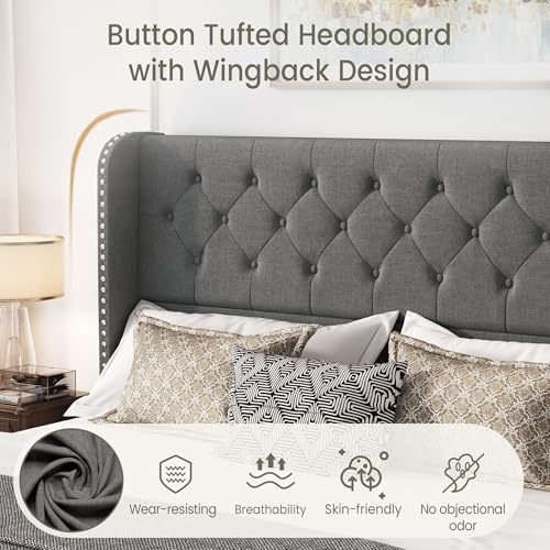 King Size Bed Frame with 4 Storage Drawers and Tufted Headboard Linen Upholstered Platform Bed Frame Wingback Beds with Wooden Slats Support