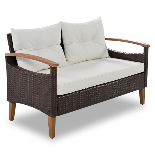 Churanty Patio Conversation Set, 4-Piece Outdoor Garden Furniture Set, Patio Seating Set, PE Rattan Outdoor Sofa Set, Wood Table and Legs