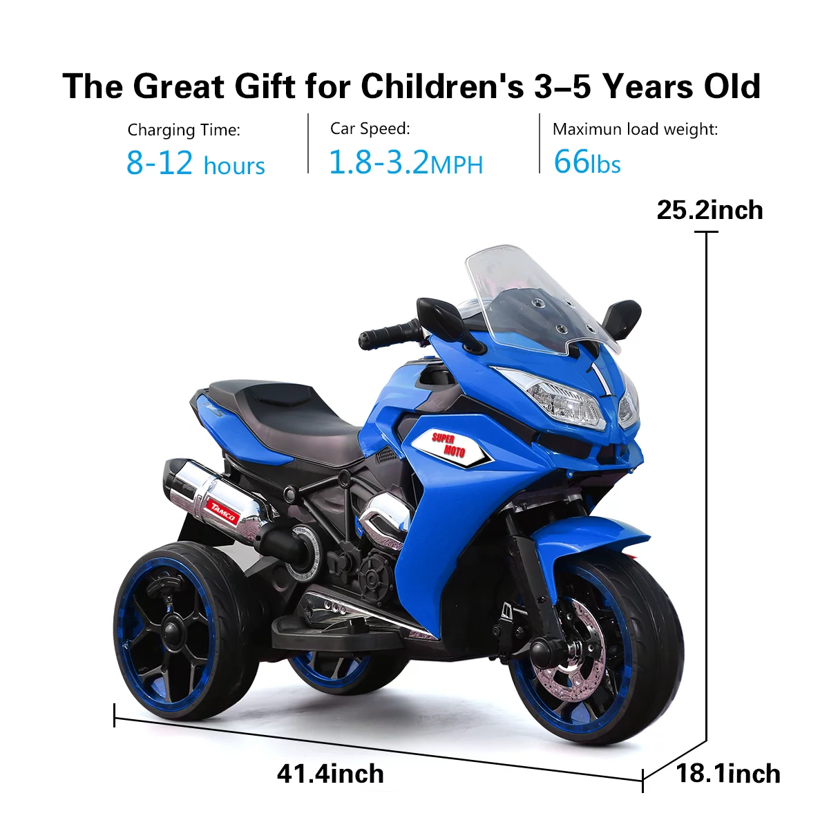 LightingGo 12V Kids Electric Motorcycle, 3 Wheels Ride on Motorcycle Toys, Children Battery Motor Bikes Rechargeable with MP3, Music,Blue
