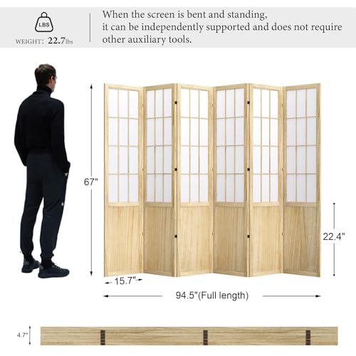 Room Divider, 66.9Inch Tall Japanese Shoji Style Folding Wood Screen with Double Hinges for Home Office Bedroom Hotel Decoration (4Panels, Black)