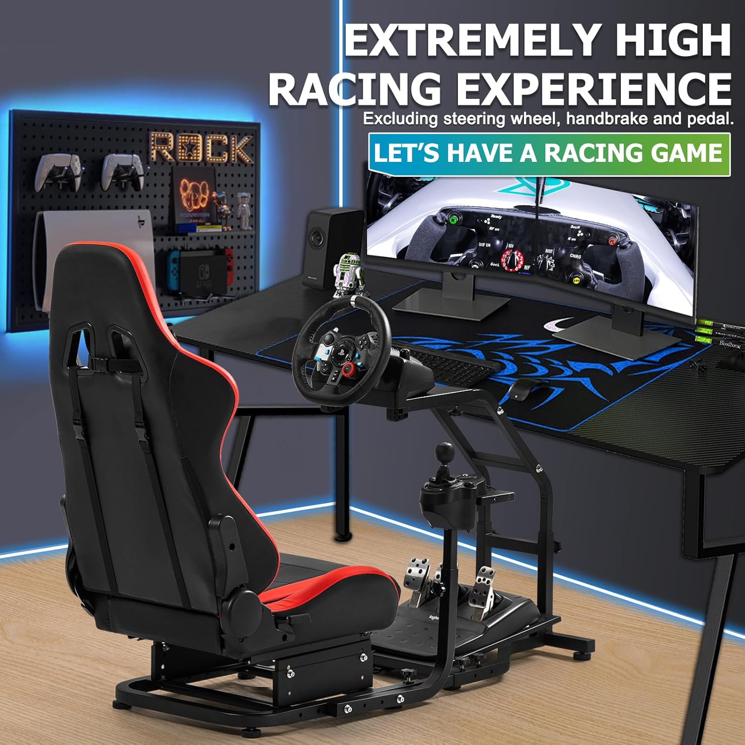 Steering Wheel Stand Racing Cockpit with Red Seat Unobstructed Design for Both Legs Fit for Logitech/Thrustmaster G29,G920,G923,G25,T300RS,T80
