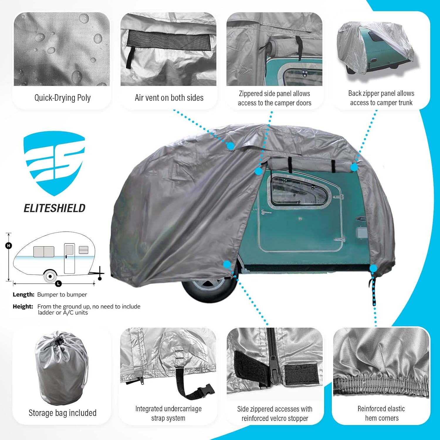 EliteShield ShieldAll Ultimate Teardrop Trailer Cover, Waterproof UV Protection Teardrop Camper Cover Fits 8 Feet Long, 5 Feet Wide Silver Color