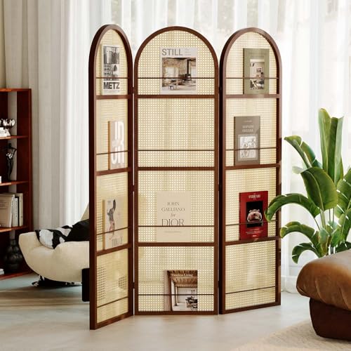 Room Divider and Folding Privacy Screens, Pine Wood 5.6 Ft Double Hinged Rattan Partition Freestanding Wall Room Divider for Home - 3 Panels