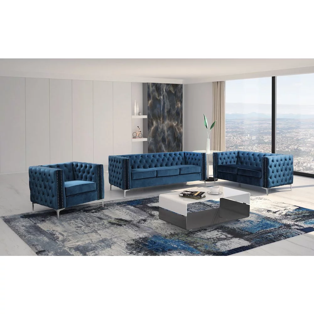 Best Master Furniture Aineias 3 Piece Fabric Sofa Loveseat and Chair Set in Navy