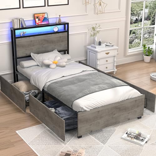 Queen Size Bed Frame with 4 Storage Drawers, LED Platform Bed with Headboard, Built in Charging Station, Noise Free, Stable and Solid