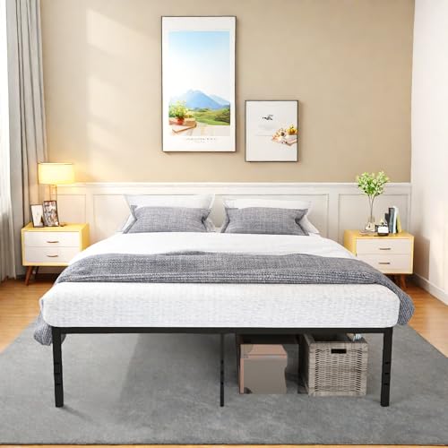Full Size Bed Frame, 14 Inch Metal Platform Bed with Iron-Art Headboard & Footboard, Classic Bed Frame with Heavy Duty Metal Slats Support