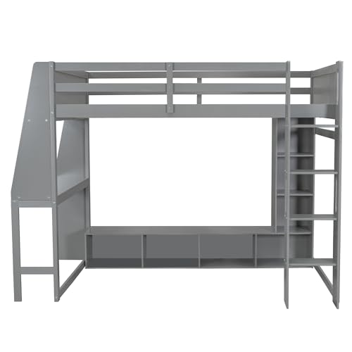 SOFTSEA Full Size Loft Bed with Desk and Storage, Solid Wood Loft Bed with Open Wardrobe and Multi-Storage Shelves