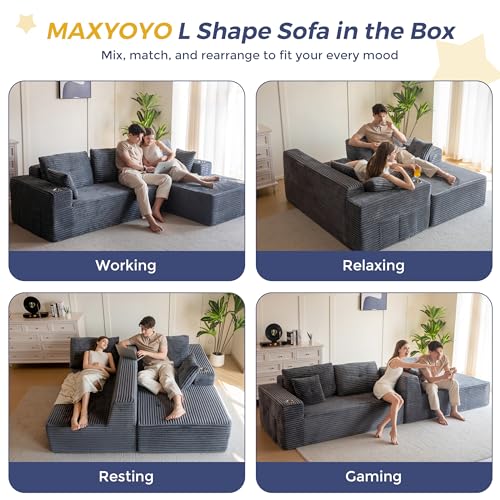 MAXYOYO 110" Modular Sectional Couch with L-Shape Chaise, Modern Boneless Couch for Living Room, Sofa in A Box, Oversized Sofa Sleeper with Deep Seat