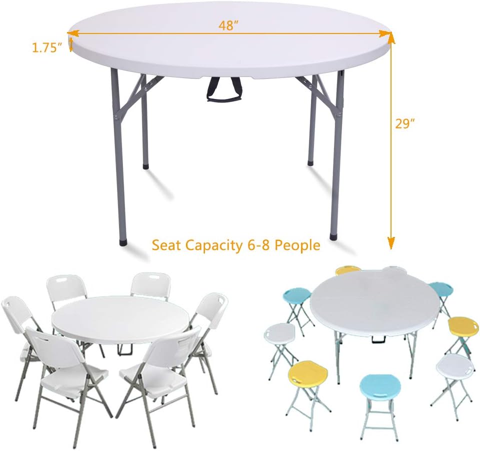 VINGLI 48 Round Bi-Folding Commercial Table, 4 Feet Portable Plastic Dining Card Table for Kitchen or Outdoor Party Wedding Event, White Granite