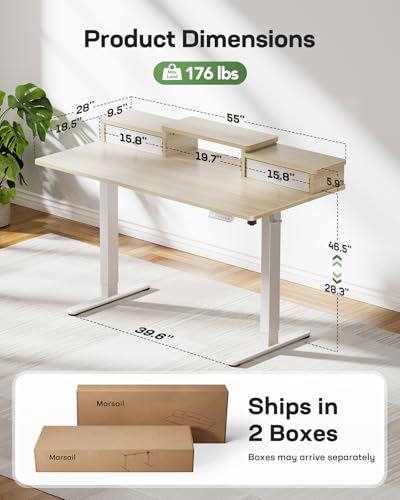 Marsail Electric Standing Desk with Drawers, 55″ x 28″ Height Adjustable Sit Stand Up Desk with Storage Shelf
