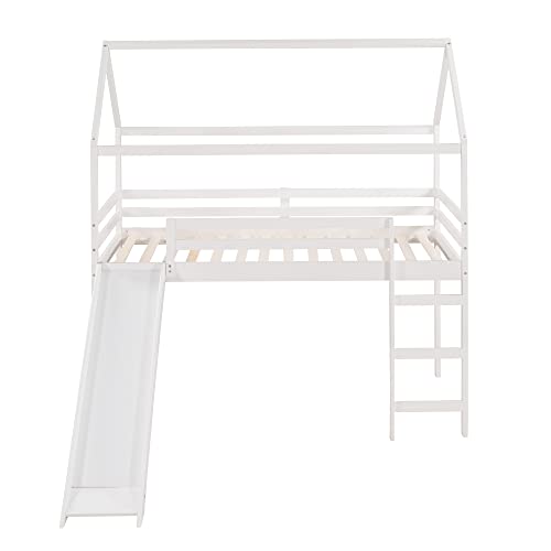 Merax Twin Over Twin House Bunk Bed Frames with Slide and Storage Staircase, No Box Spring Needed, White