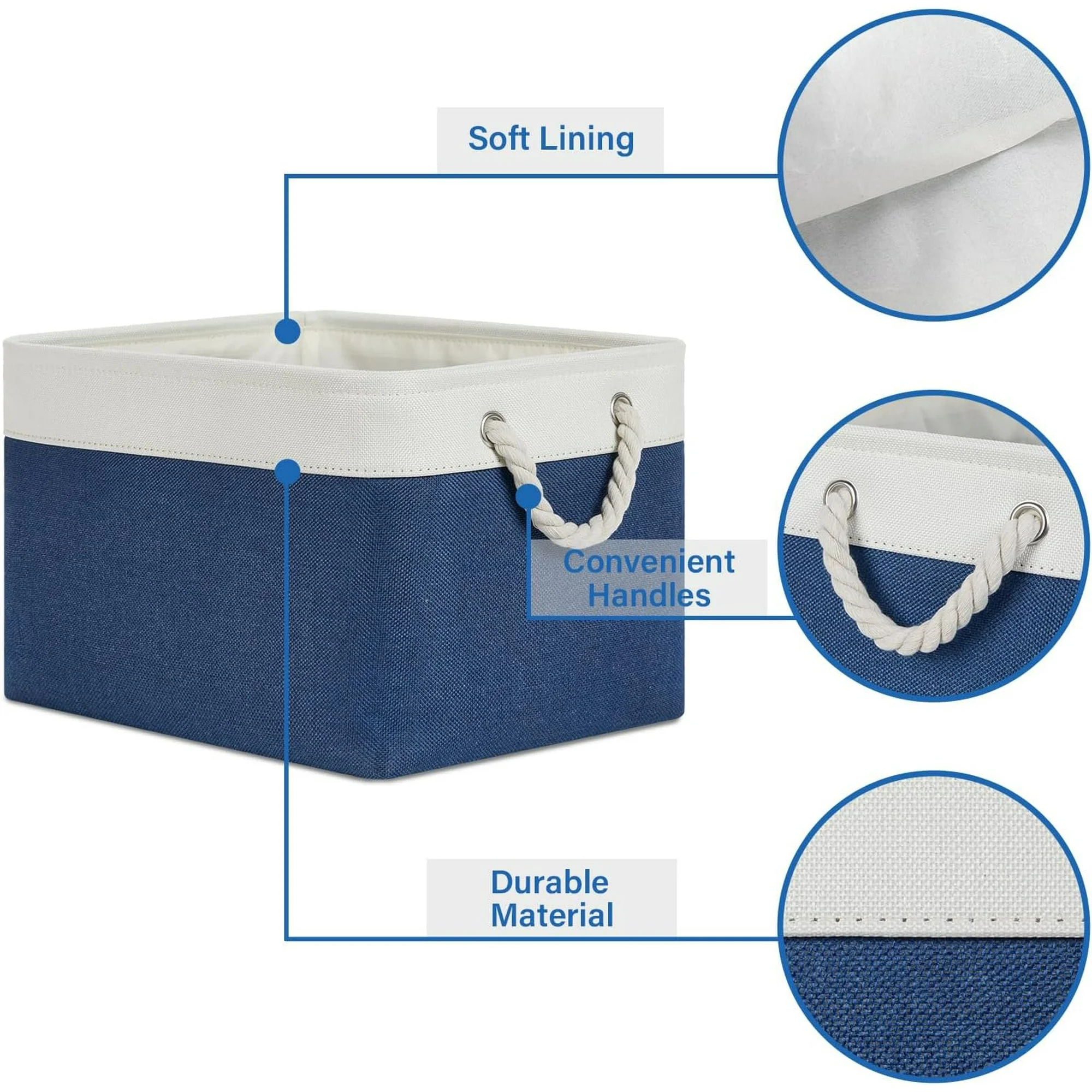 Fabric Storage Baskets 4Pack Storage Bins Decorative Basket for Gift, Clothes Bin with Rope Handle, Rectangle Baskets for Storage, Blankets(White&amp
