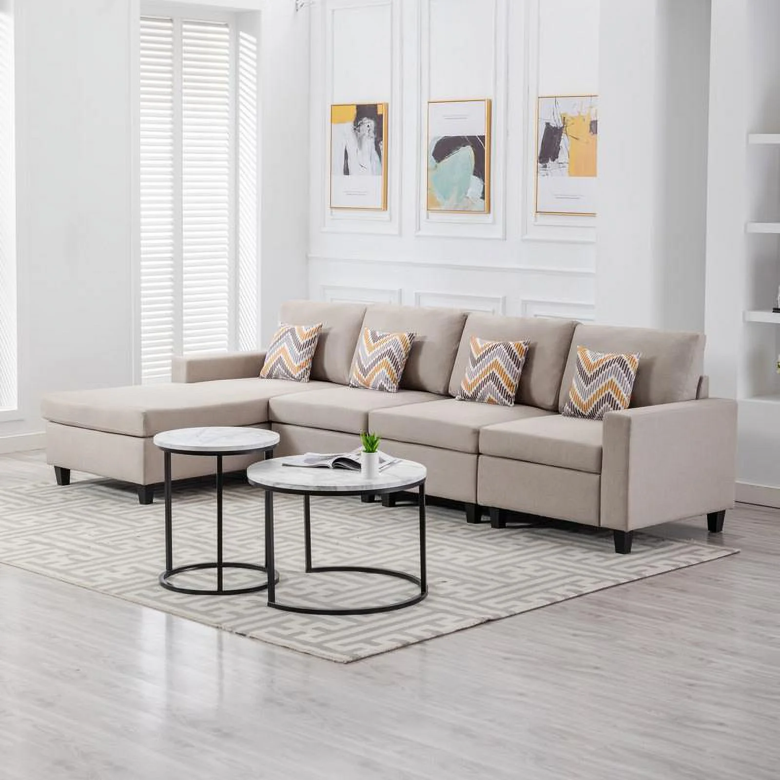 Nolan Beige Linen Fabric Reversible Sectional Sofa Chaise Interchangeable Legs