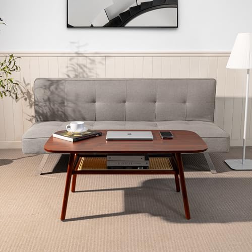 Bme Nancy Solid Acacia Wood Coffee Table for Living Room, Spacious Oval-Shaped 237 Lbs Top Capacity, Rattan Shelf Below, Mid Century