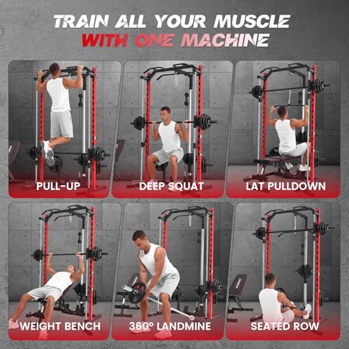 Smith Machine with LAT-Pull Down, Multi-Functional Smith Machine, Power Cage with Cable Crossover, Squat Rack with Landmine, Barbell Bar