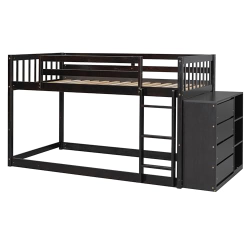 Ball & Cast Full Over Full Bunk Bed with Twin Size Trundle and Built in 4 Drawer,Wood Bunkbed w/Storage Ladder & Slat Support