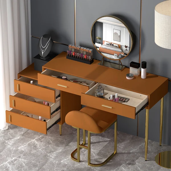 Modern Blue Makeup Vanity Set Retracted Dressing Table Cabinet&Stool&Mirror Included