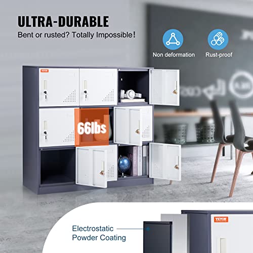 VEVOR Metal Locker for Employees, 9 Doors Storage Cabinet with Card Slot, Gray Steel Employee Lockers with Keys