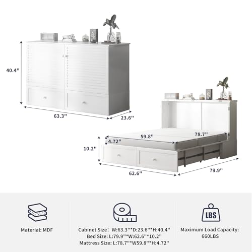 Murphy Bed, Cabinet Bed Queen Size with Tri-Folding Mattress, Hidden Guest Wall Beds, Cabinet Murphy Chest Beds with USB Charging Station