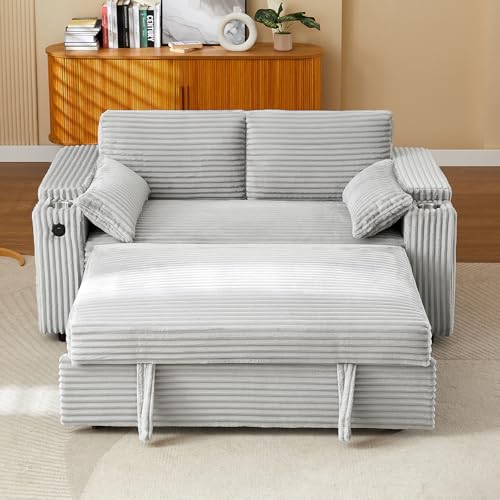 68.11" Corduroy Sleeper Chair Bed with USB Port, Cup Holders & Side Storage Pockets – 3-in-1 Foldable Sofa Bed for Guest Room, Living Room – White