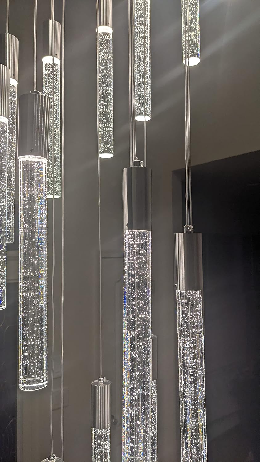 H118 24-Lights High Ceiling Chandelier Silver Chrome Light Modern Dimmable Light Fixtures Foyer Chandelier Light Pendant Lighting Ceiling Crytstal