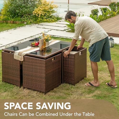 Devoko 9 Pieces Patio Dining Sets Outdoor Space Saving Rattan Chairs with Glass Table Patio Furniture Sets Cushioned Seating and Back Sectional