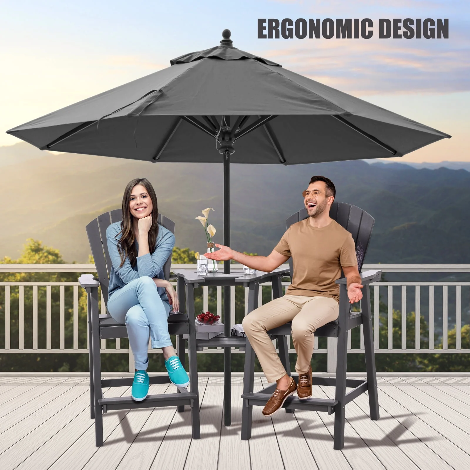Tall Adirondack Chairs Set of 2 .Outdoor Adirondack Barstools with Double Connecting Tray Patio Stools Weather Resistant for Outdoor Deck Lawn Pool