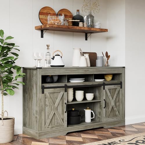 Farmhouse TV Stand for 65+ Inch TV, 34'' Tall Entertainment Center with Sliding Barn Doors