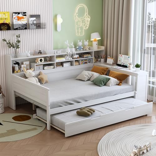Corner Twin Bed Frame with Bookcase Storage and Desk, Wood Day Beds with 2 Drawers, Twin Size Daybed with Storage for Living Room