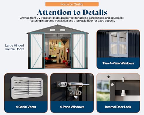 AMERLIFE 10.1x11.5x7.4 FT Galvanized Steel Storage Shed with Skylight Panels, 2 4-Pane Windows & Hinged Double Doors, Outdoor Shed for Backyard