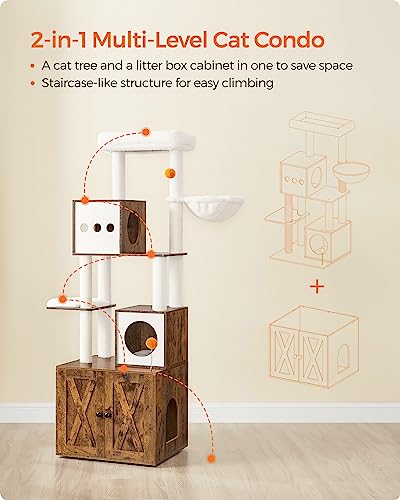 Feandrea Cat Tree with Litter Box Enclosure, 2-in-1 Modern Cat Tower, 70.8-Inch Tall Cat Condo with Scratching Posts, Perch, Caves, Basket
