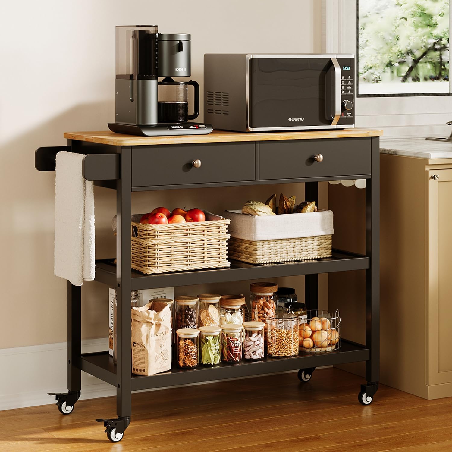 Gizoon Kitchen Island Cart with Storage, 40’’ Wooden Top, 2 Tiers Spacious Shelves and Towel Bar