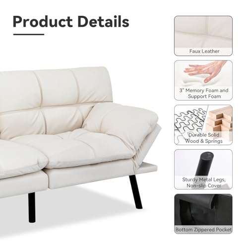 71" Convertible Futon Sofa,Faux Leather Futon Couch Bed,Sleeper Sofa Bed,Memory Foam Modern Folding Small Loveseat for Living Room,Office,Apartment