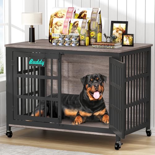 EasyCom 48"/42"/33" Dog Crate Furniture with Name Tag, Heavy Duty Dog Kennel Indoor for Large Dogs