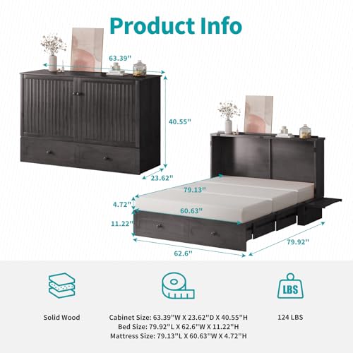 BALUS Murphy Cabinet Bed, Queen Cabinet Chest Bed with USB Charging Station, Tri-Fold Mattress