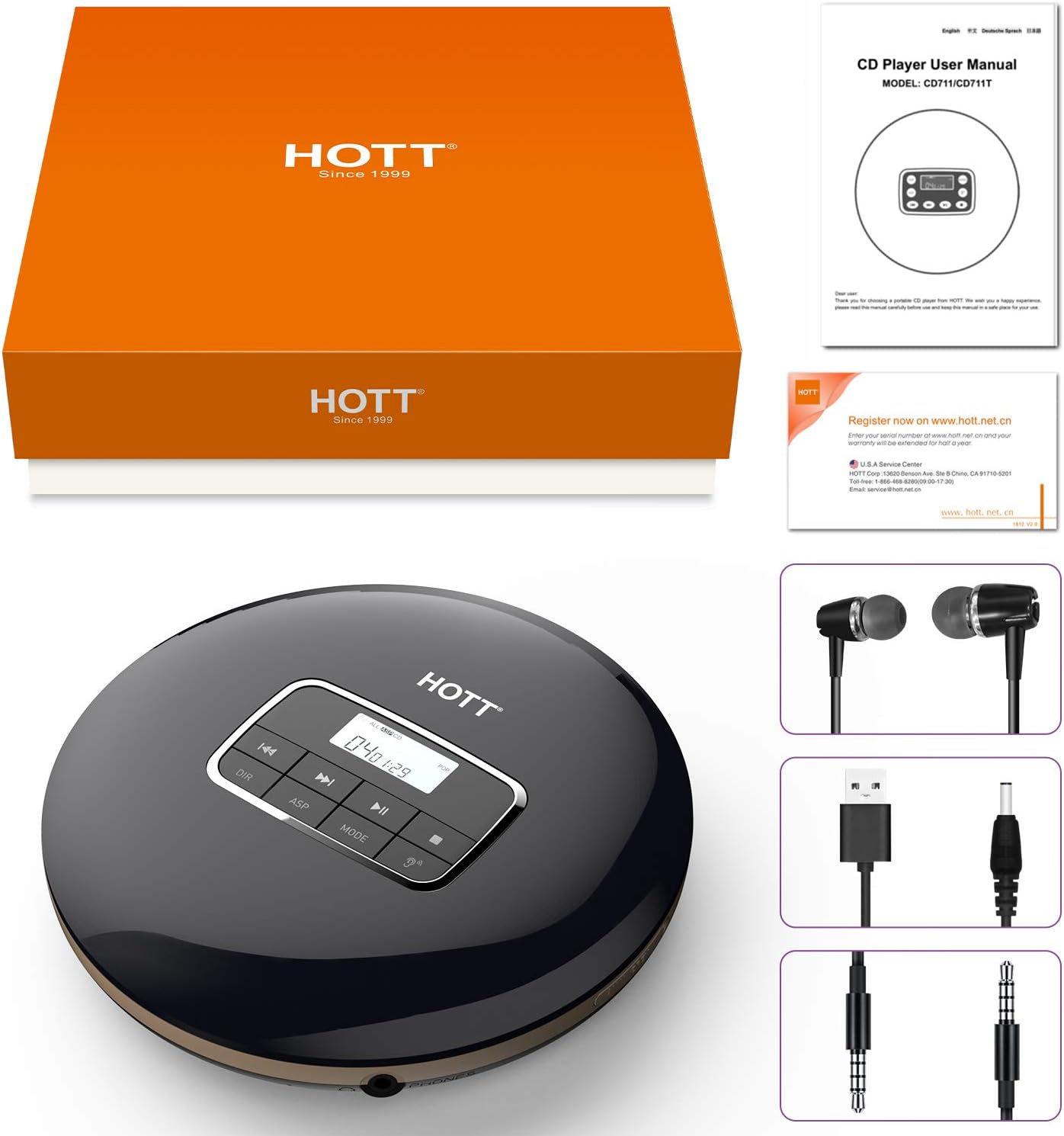 HOTT CD511 Portable CD Player Personal Compact CD Player with LCD Display Anti-Skip/Anti-Shock Walkman Small Music CD Player with Headphones USB
