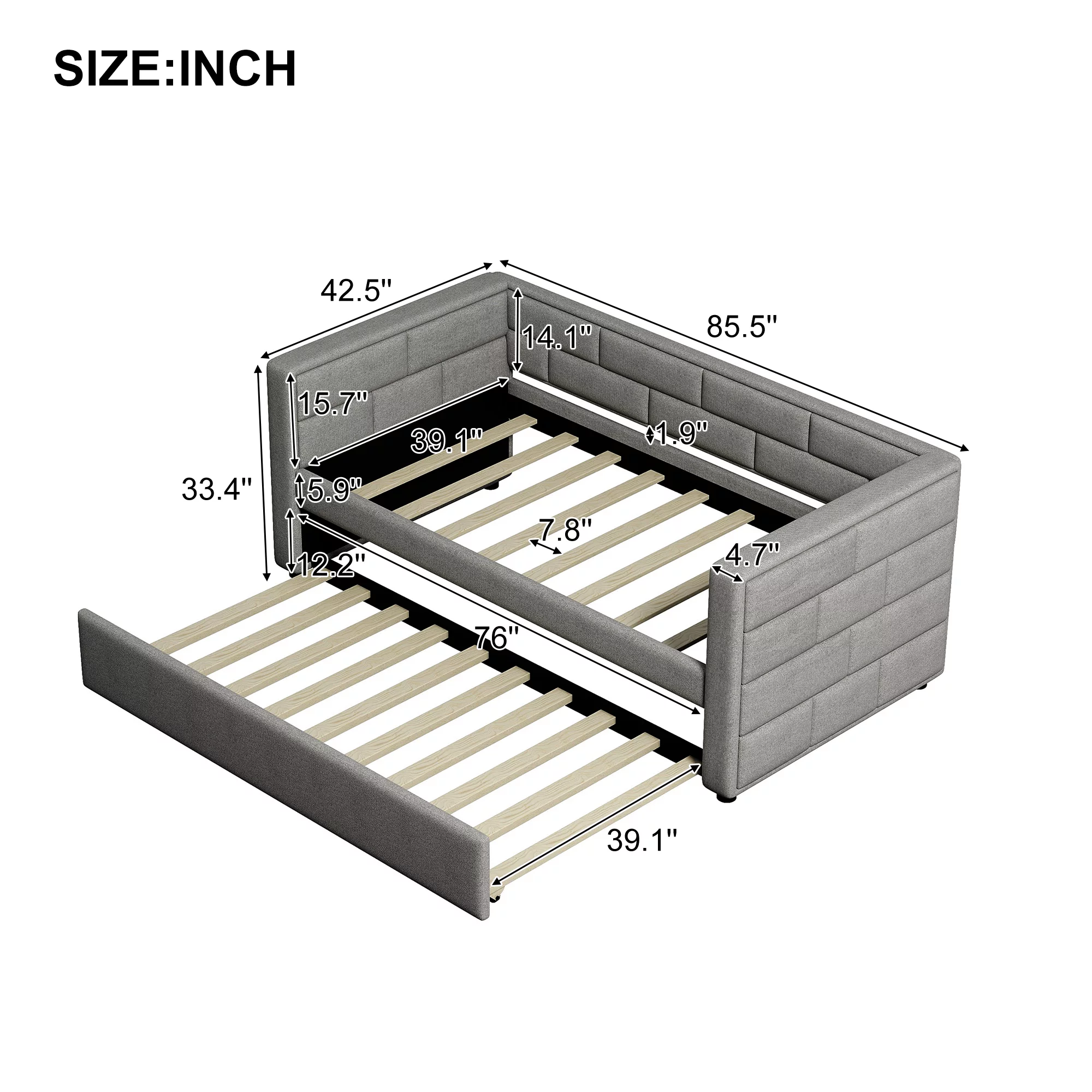 Euroco Modern Wood with Trundle Daybed, Twin, Gray
