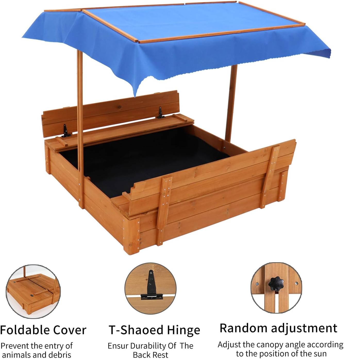 Wooden Cedar Sand Box, Large Kids Sand Boxes with Adjustable Canopy, 2 Foldable Bench Seats, Sand Protection, Bottom Liner