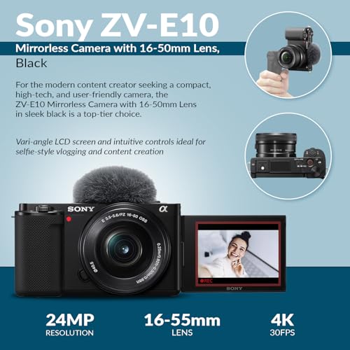 Sony ZV-E10 APS-C Mirrorless Interchangeable Lens Vlogging Camera with 16-50mm Lens, Black - Bundle with 64GB SD Card, Shoulder Bag, 40.5mm Filter Kit