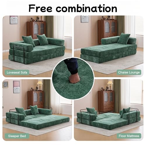 Convertible Floor Sofa Bed, Foldable Mattress Cloud Couch with Pillow Back & Armrest, Chenille Sleeper Sofa Bed with Fixed-Shape Frame