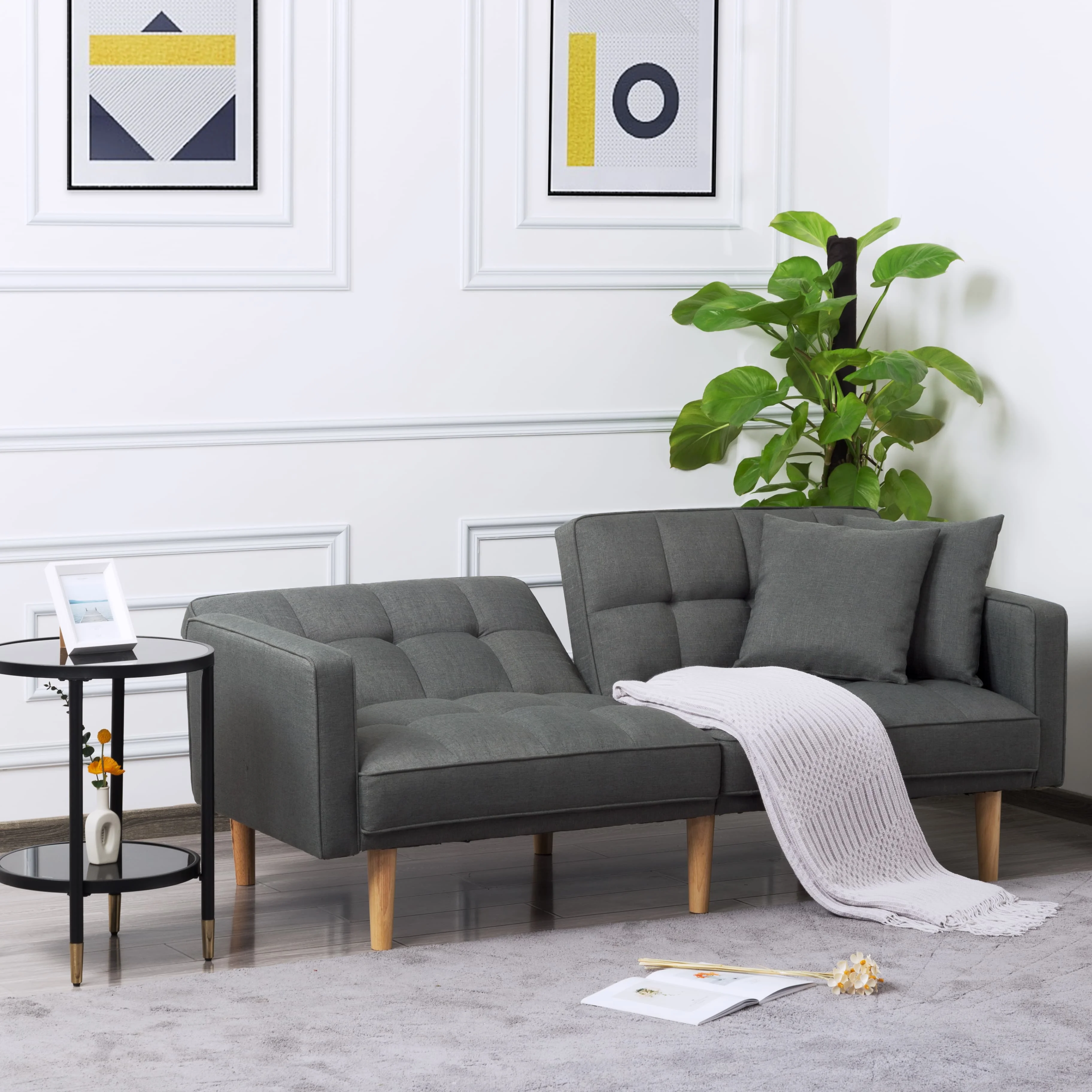 BSHTI Futon Sofa bed, Featuring a split back, square arms, and tapered wood legs