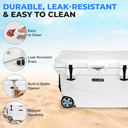 SereneLife Ultra-Tough 45 Quart Rotomolded Cooler Box with Wheels, Holds Upto 56 Cans, Keeps Ice Up to 5 Days